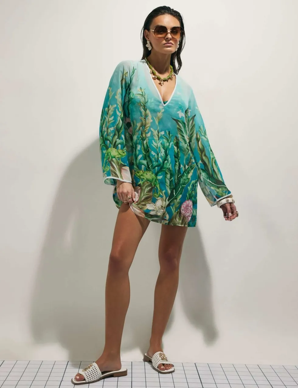 Sheer Sequin Floral Embellished V-Neck Tunic