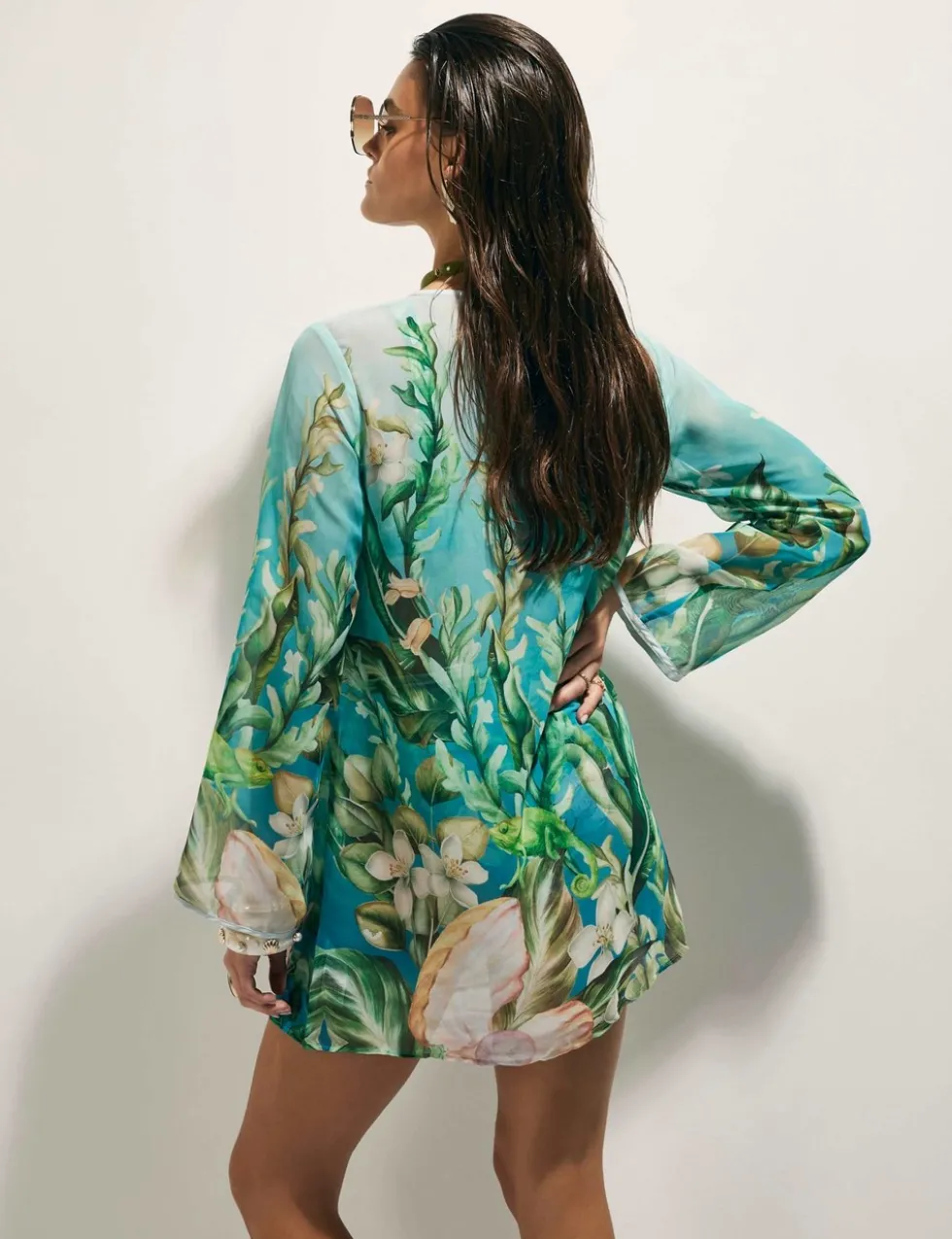Sheer Sequin Floral Embellished V-Neck Tunic