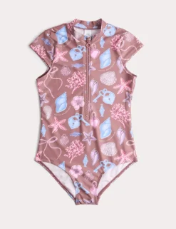 Shell Print Zip Front Cap Sleeve Swimsuit (6-16 Yrs)