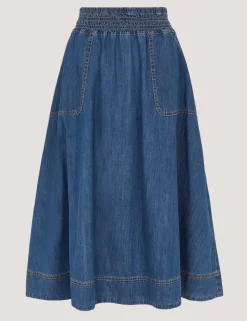 Shirred Denim Midi Skirt