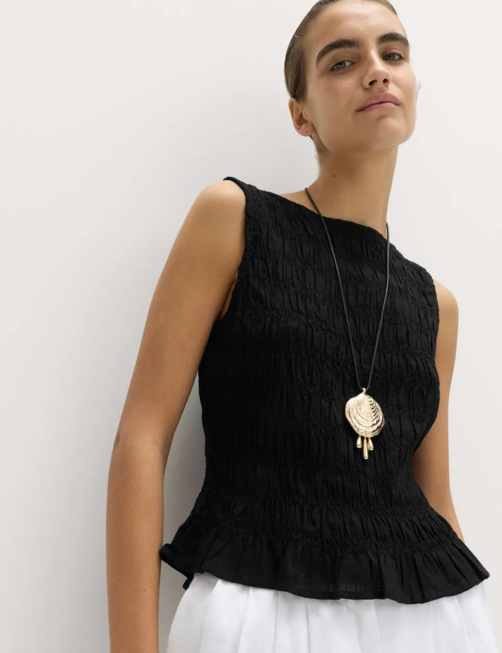 Slash Neck Shirred Top with Linen