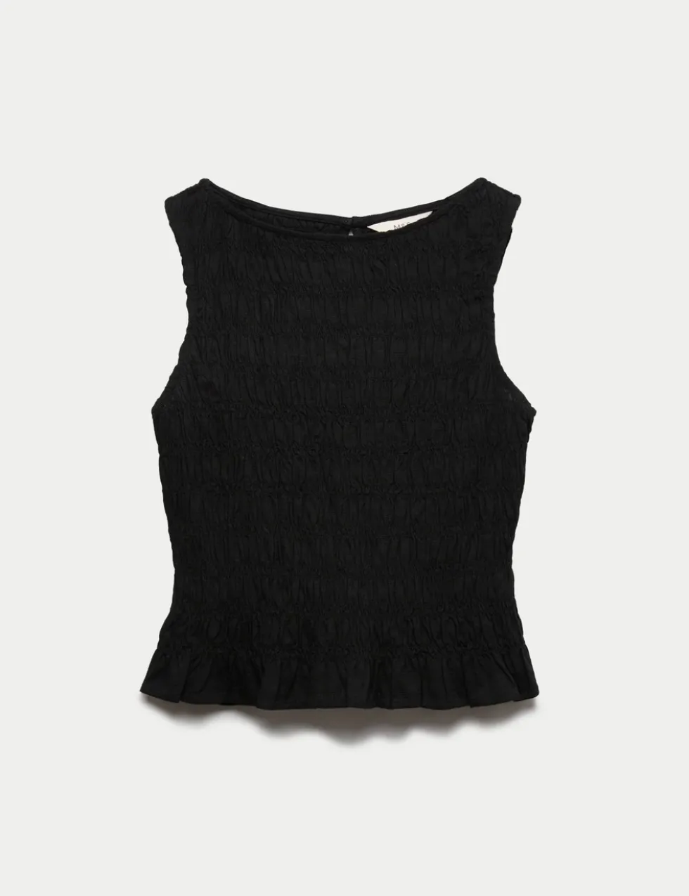 Slash Neck Shirred Top with Linen