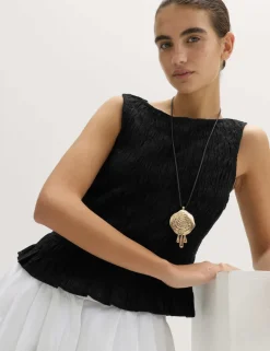 Slash Neck Shirred Top with Linen