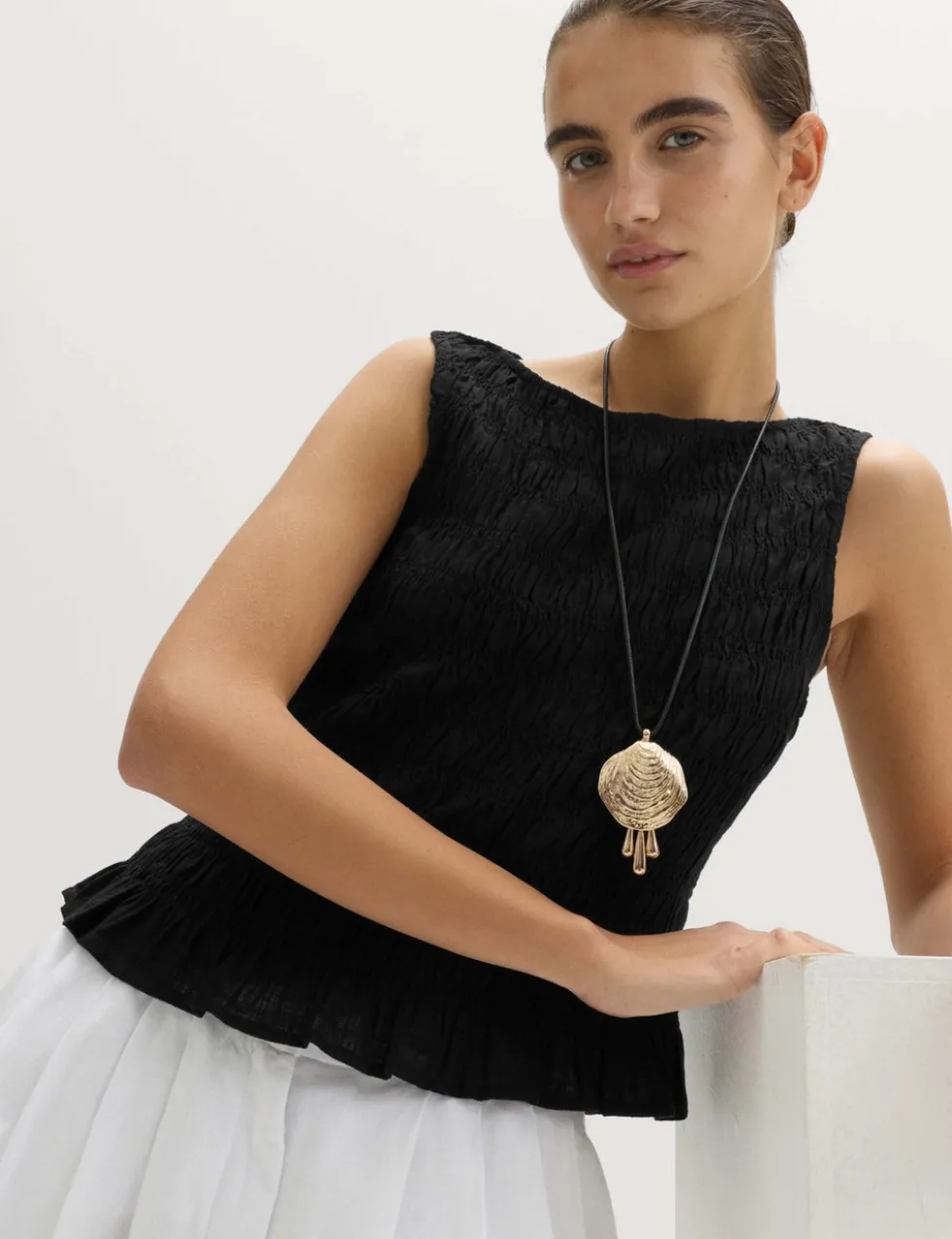 Slash Neck Shirred Top with Linen