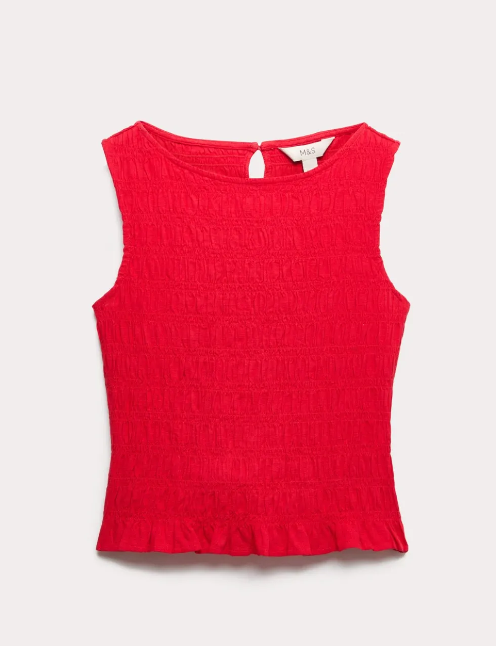 Slash Neck Shirred Top with Linen