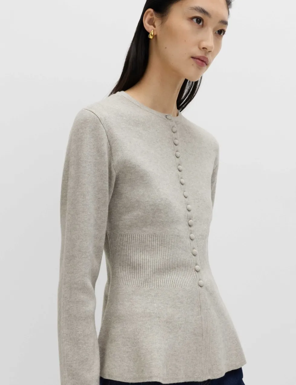 Soft Touch Crew Neck Peplum Fitted Cardigan