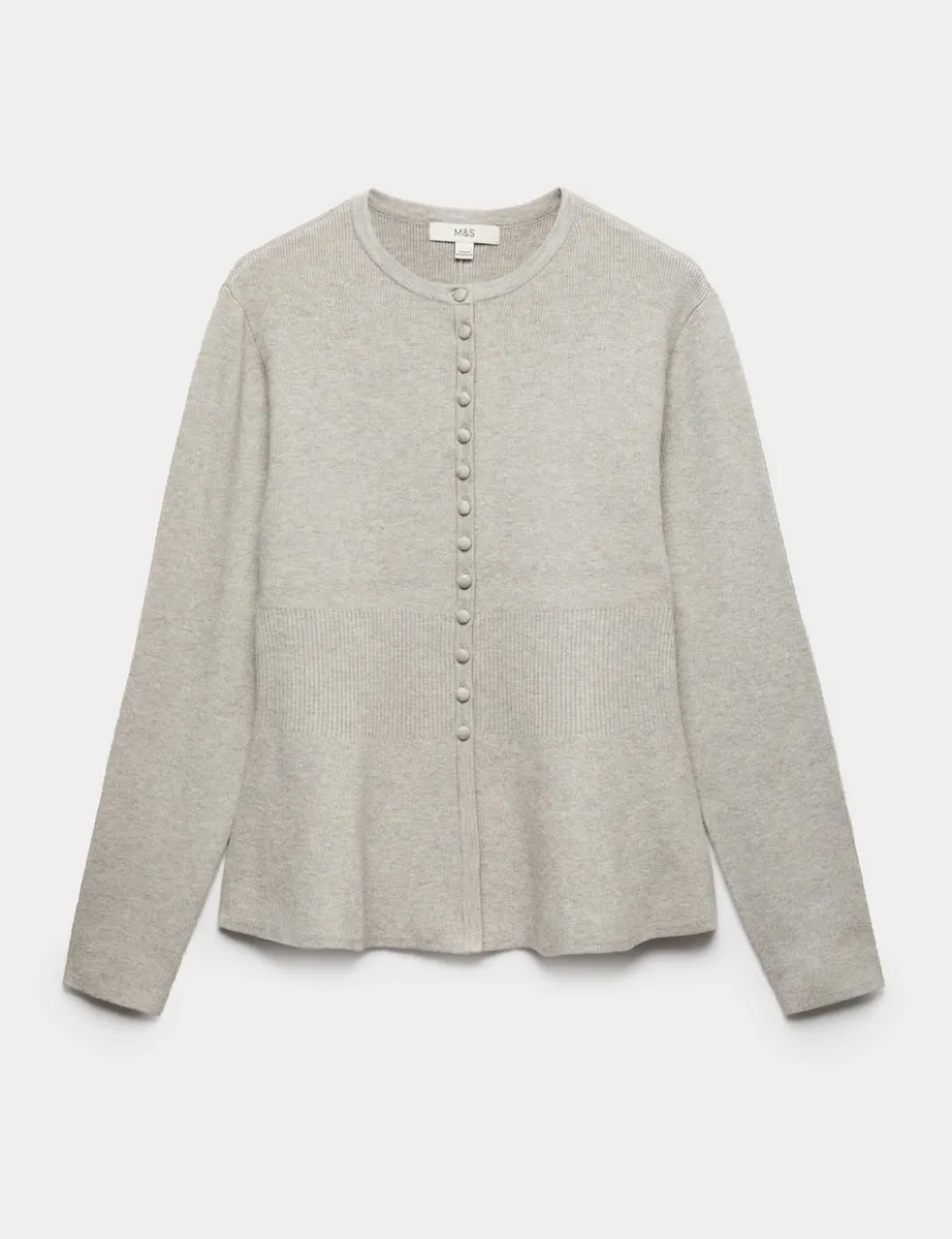 Soft Touch Crew Neck Peplum Fitted Cardigan
