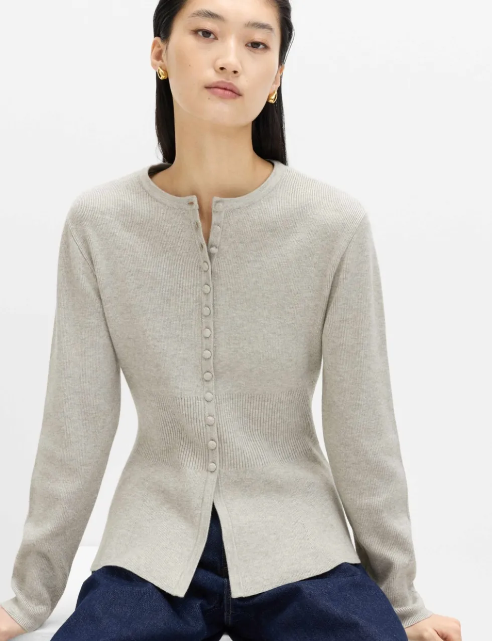 Soft Touch Crew Neck Peplum Fitted Cardigan