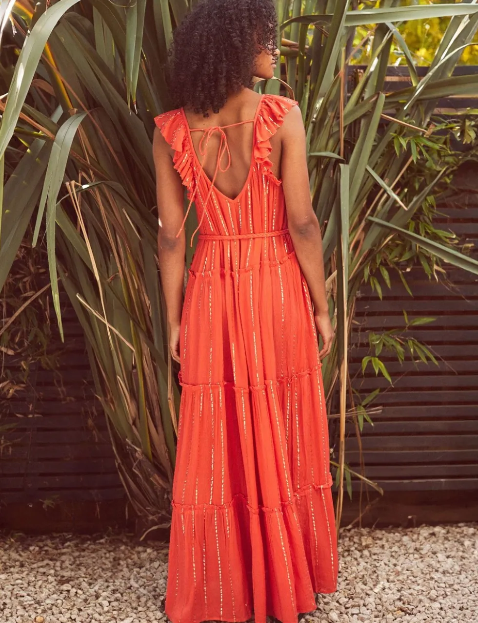 Sparkly V-Neck Ruffle Maxi Tiered Dress