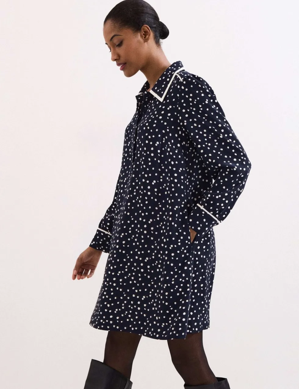 Spot Print Collared Mini Shirt Dress