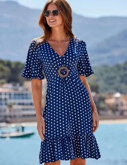 Spot Print Hoop Detail Mini Smock Dress