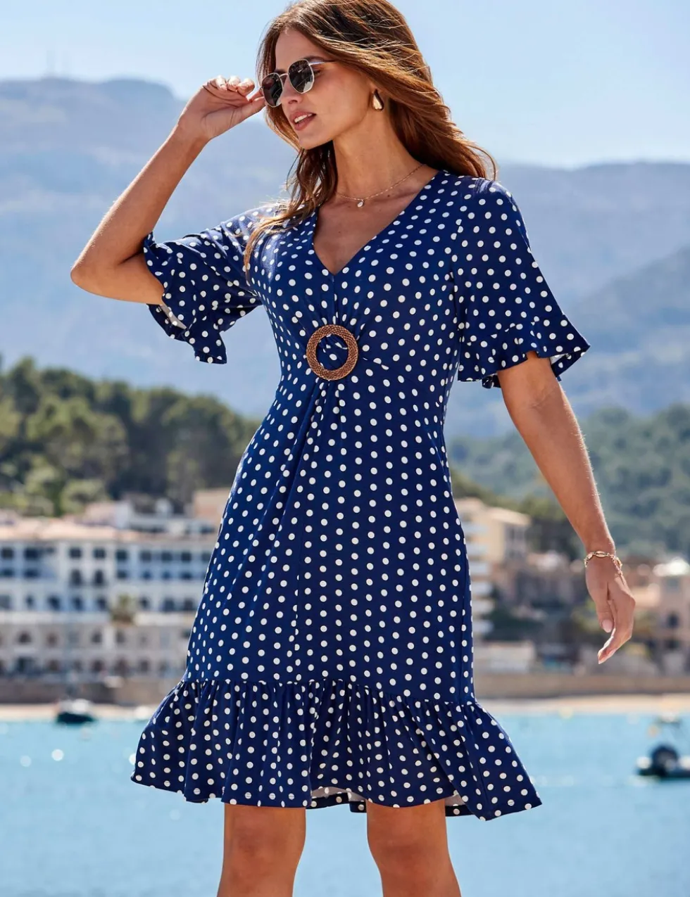 Spot Print Hoop Detail Mini Smock Dress