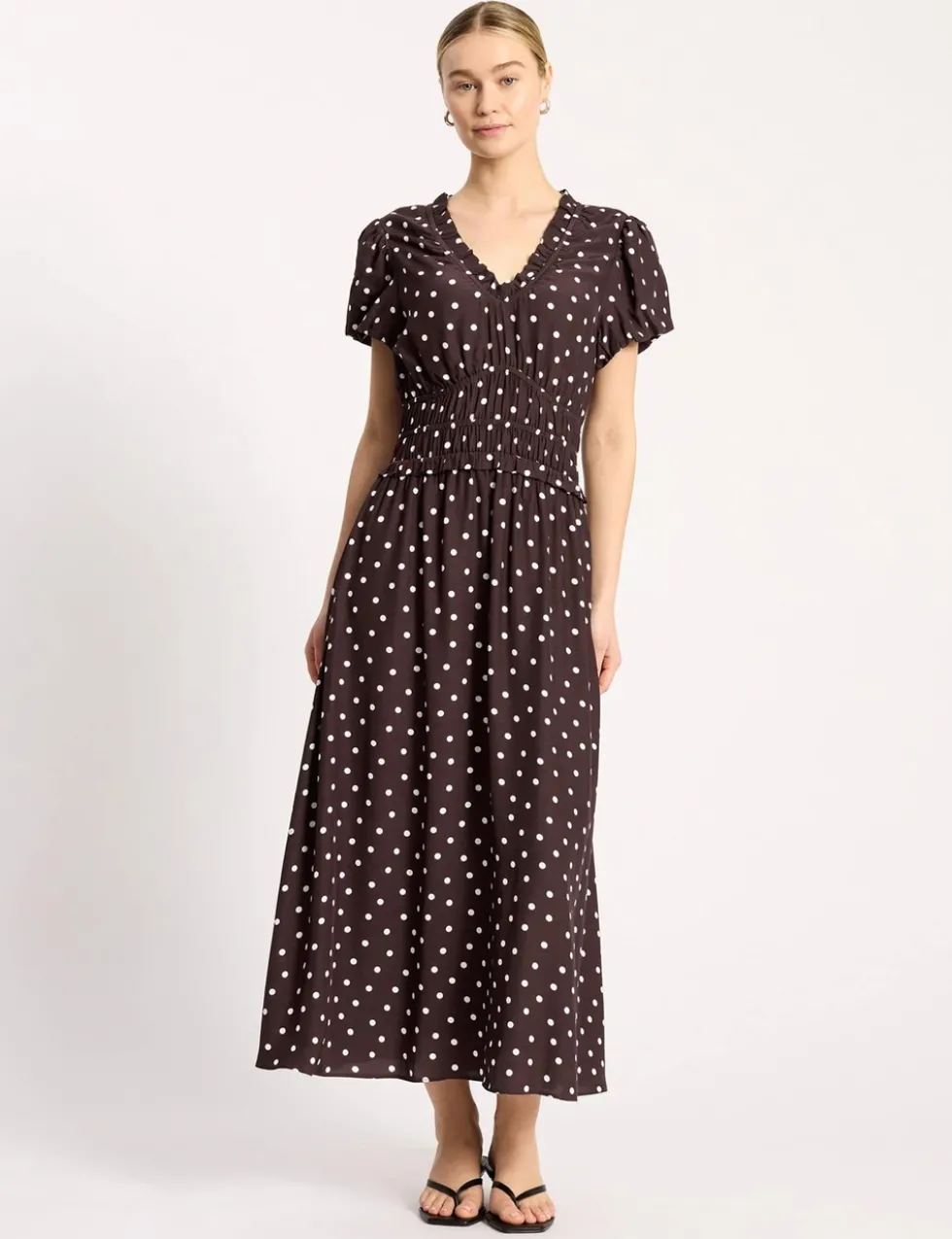 Spot Print Ruffle Midi Waisted Dress