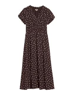 Spot Print Ruffle Midi Waisted Dress
