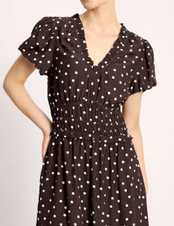 Spot Print Ruffle Midi Waisted Dress