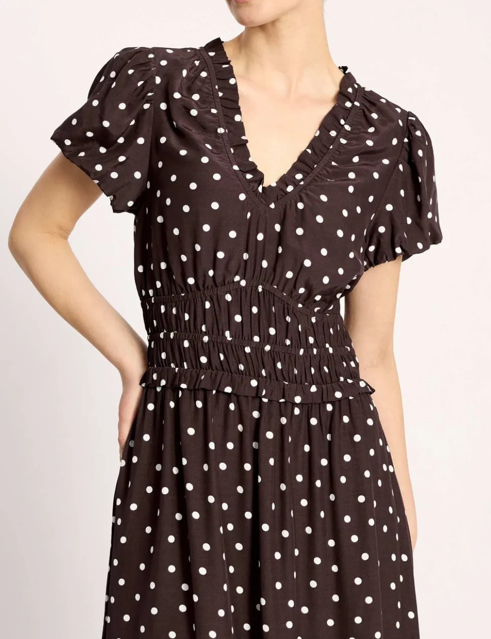 Spot Print Ruffle Midi Waisted Dress