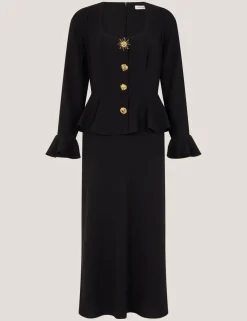 Square Neck Gold Button Peplum Midi Dress