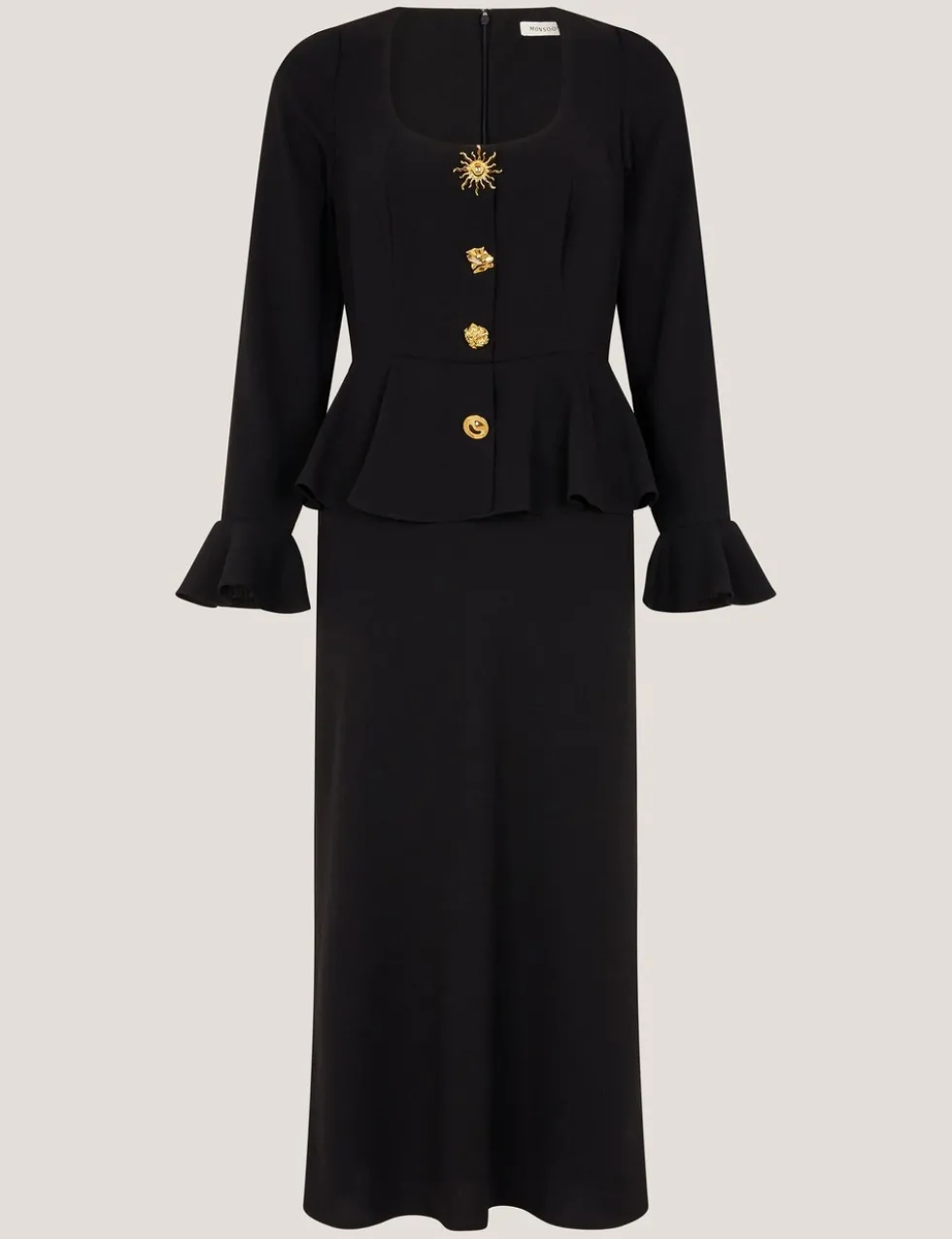 Square Neck Gold Button Peplum Midi Dress
