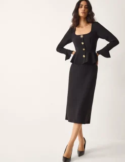 Square Neck Gold Button Peplum Midi Dress