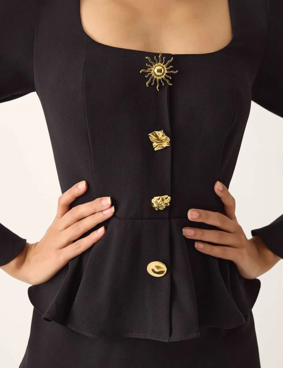 Square Neck Gold Button Peplum Midi Dress
