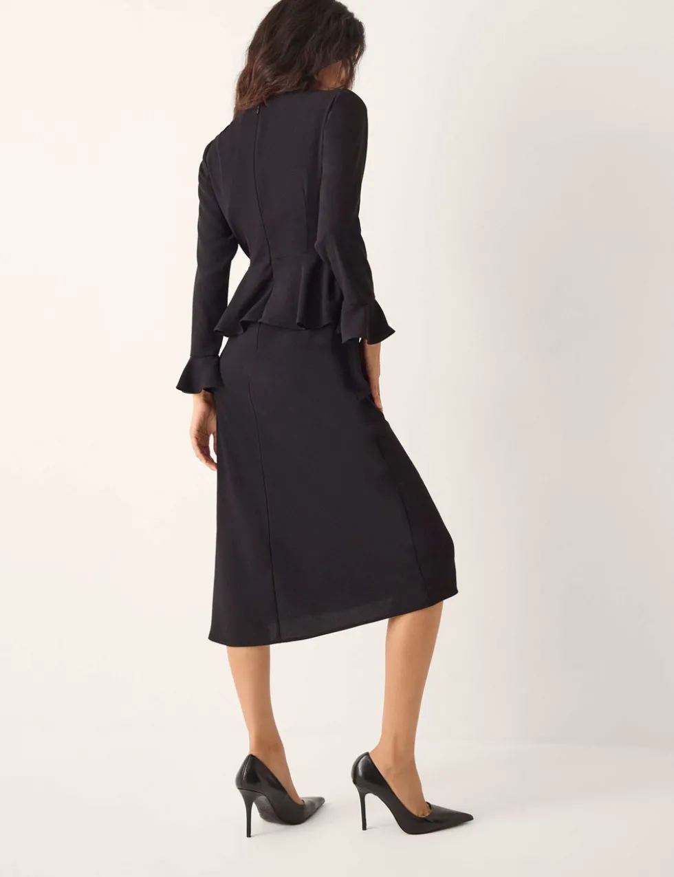 Square Neck Gold Button Peplum Midi Dress