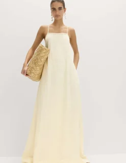 Square Neck Lace Insert Maxi Shift Dress with Linen