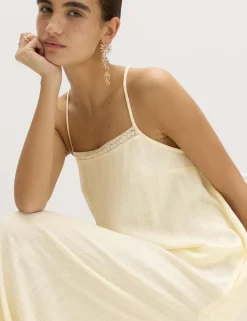 Square Neck Lace Insert Maxi Shift Dress with Linen
