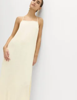 Square Neck Lace Insert Maxi Shift Dress with Linen