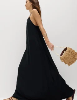 Square Neck Lace Insert Maxi Shift Dress with Linen