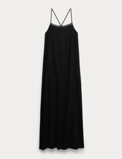 Square Neck Lace Insert Maxi Shift Dress with Linen