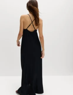 Square Neck Lace Insert Maxi Shift Dress with Linen