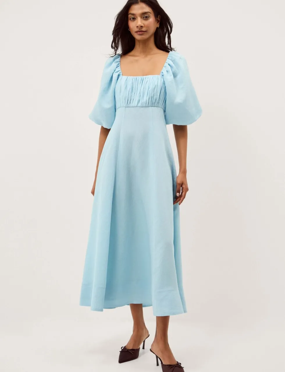 Square Neck Midi Shirred Dress