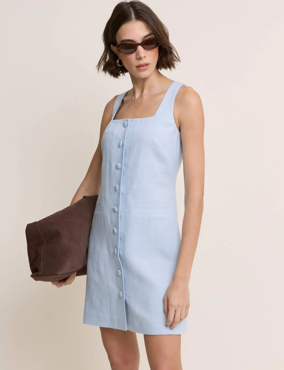Square Neck Mini Tailored Dress with Linen