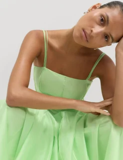 Square Neck Panel Detail Strappy Midi Skater Dress
