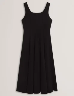 Square Neck Pleated Midi Skater Dress