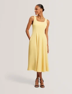 Square Neck Pleated Midi Skater Dress