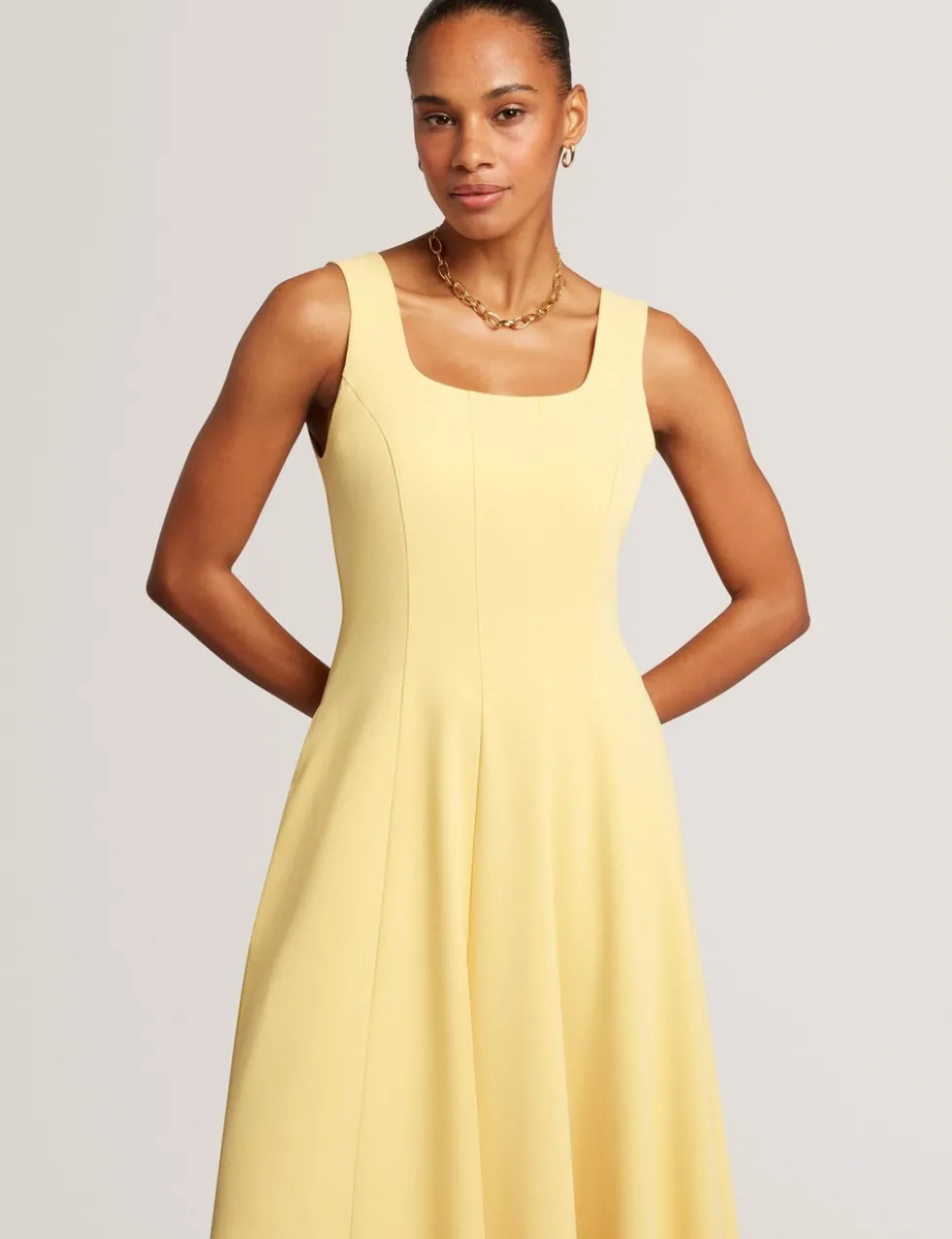 Square Neck Pleated Midi Skater Dress