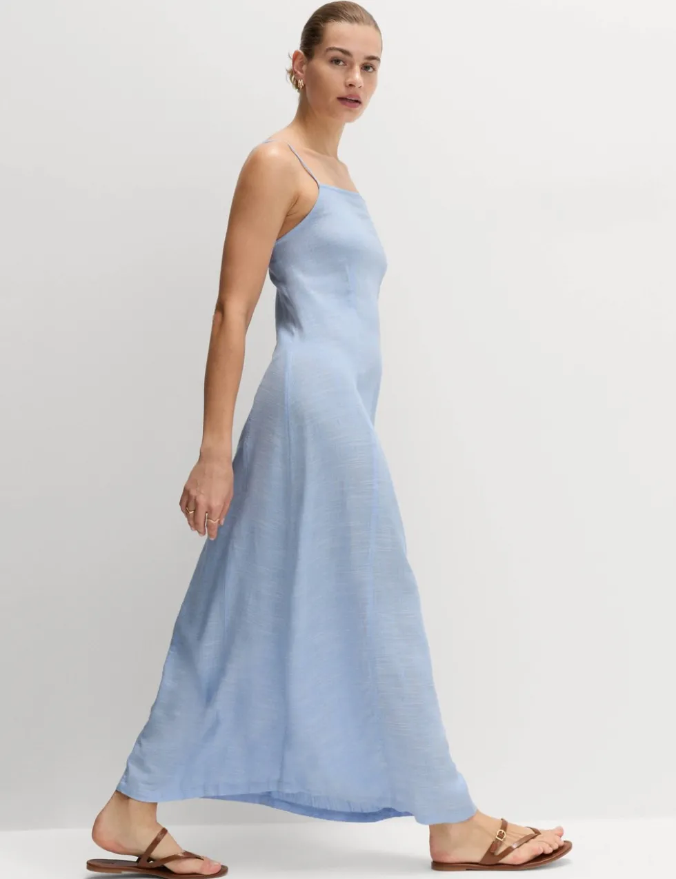 Square Neck Strappy Maxi Shift Dress with Linen