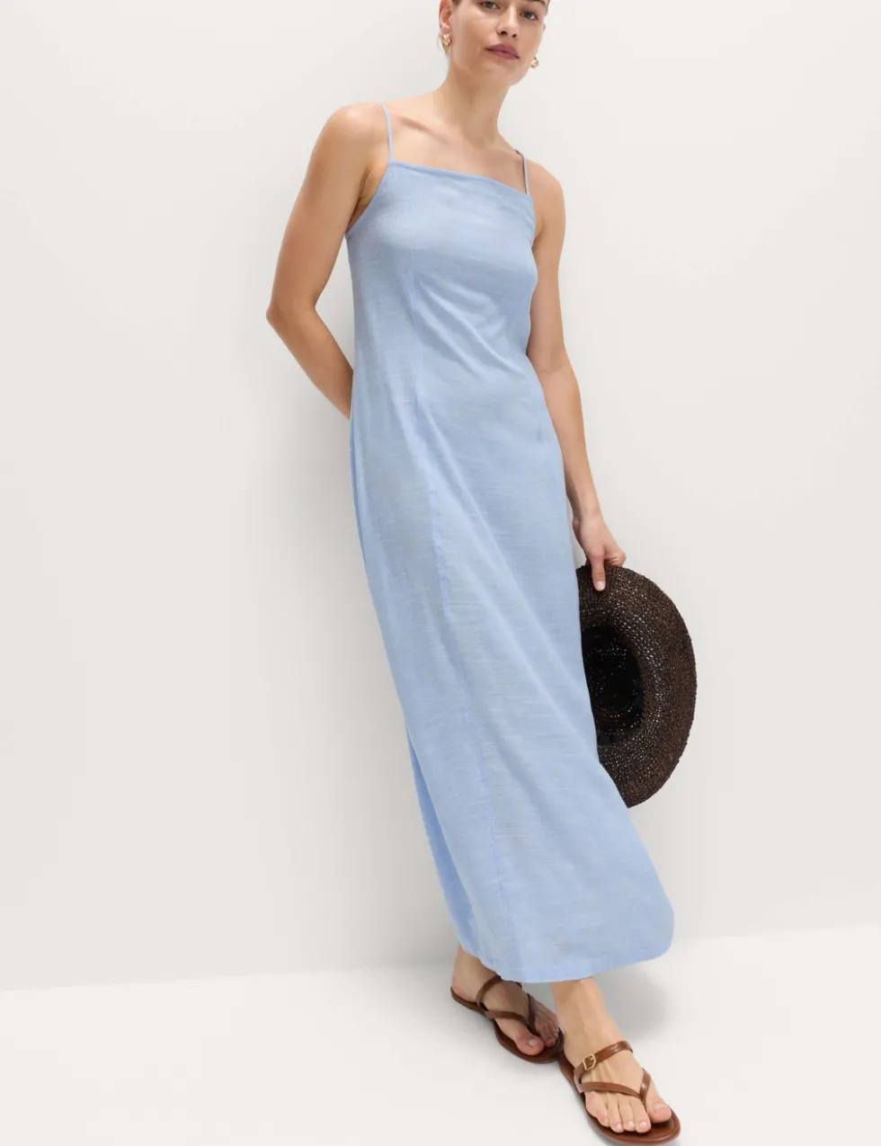 Square Neck Strappy Maxi Shift Dress with Linen