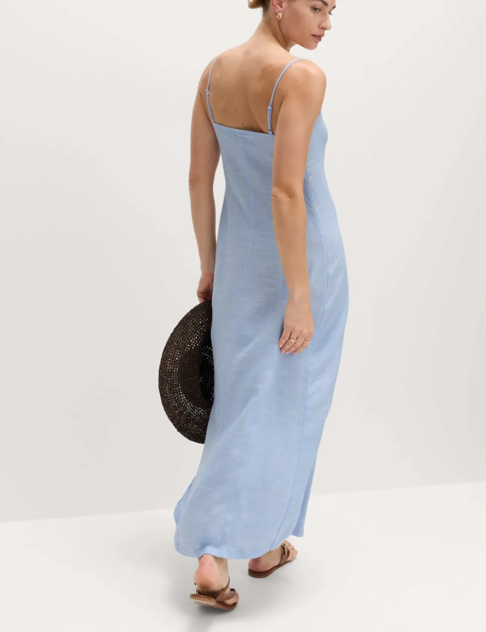 Square Neck Strappy Maxi Shift Dress with Linen