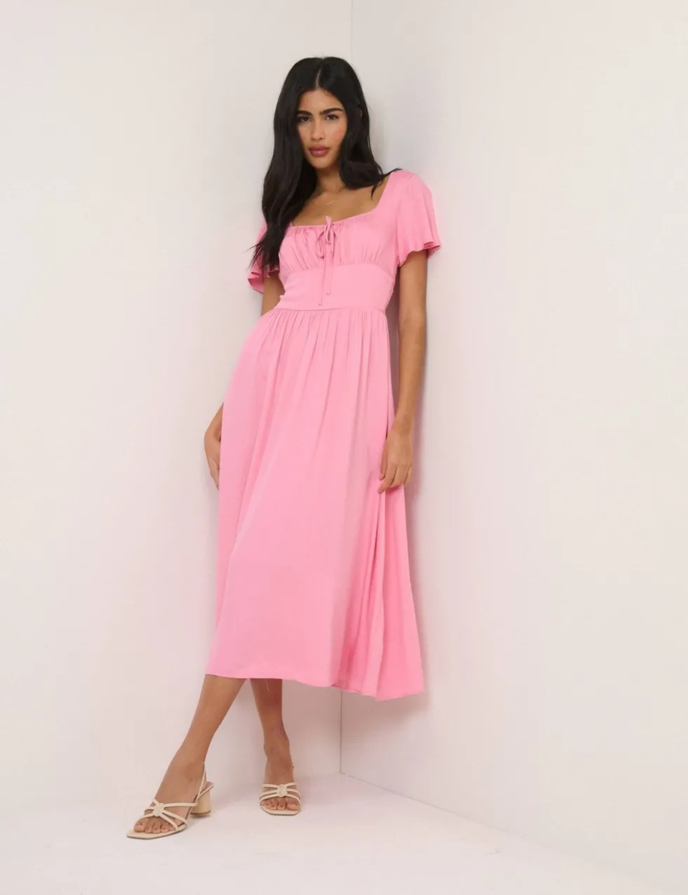 Square Neck Tie Front Midi Skater Dress