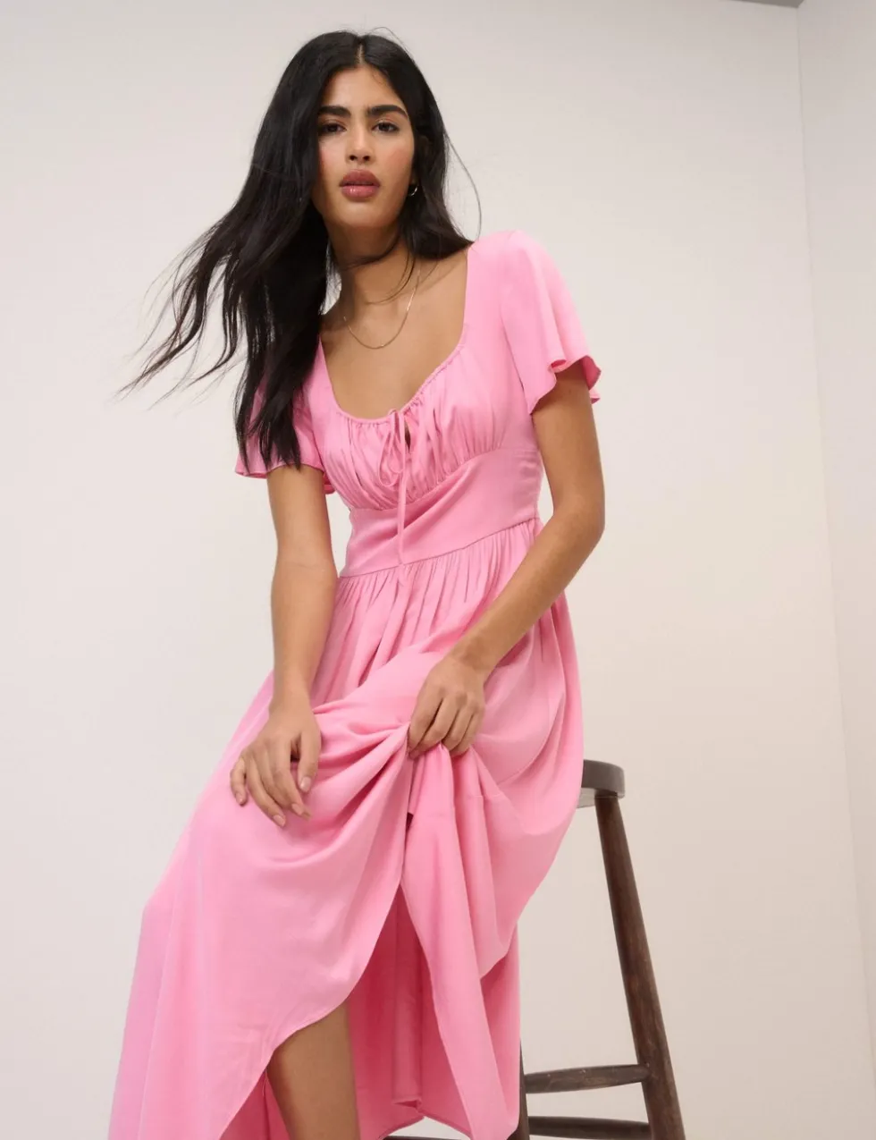 Square Neck Tie Front Midi Skater Dress