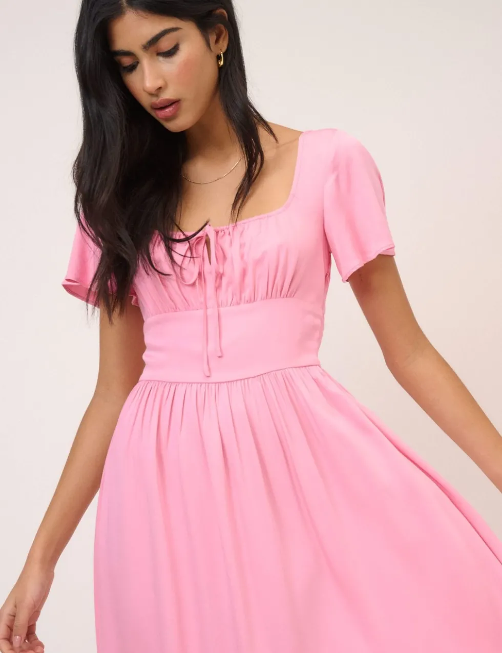 Square Neck Tie Front Midi Skater Dress