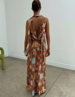 Star Print Cowl Neck Maxi Column Dress