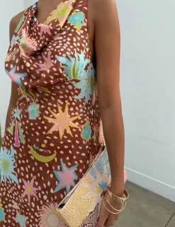 Star Print Cowl Neck Maxi Column Dress