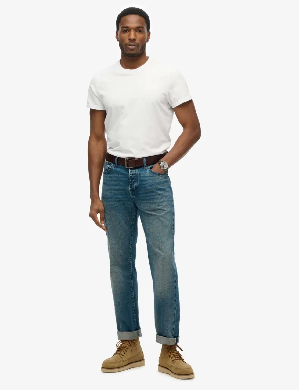 Straight Fit Turn-Up Rigid Denim Jeans
