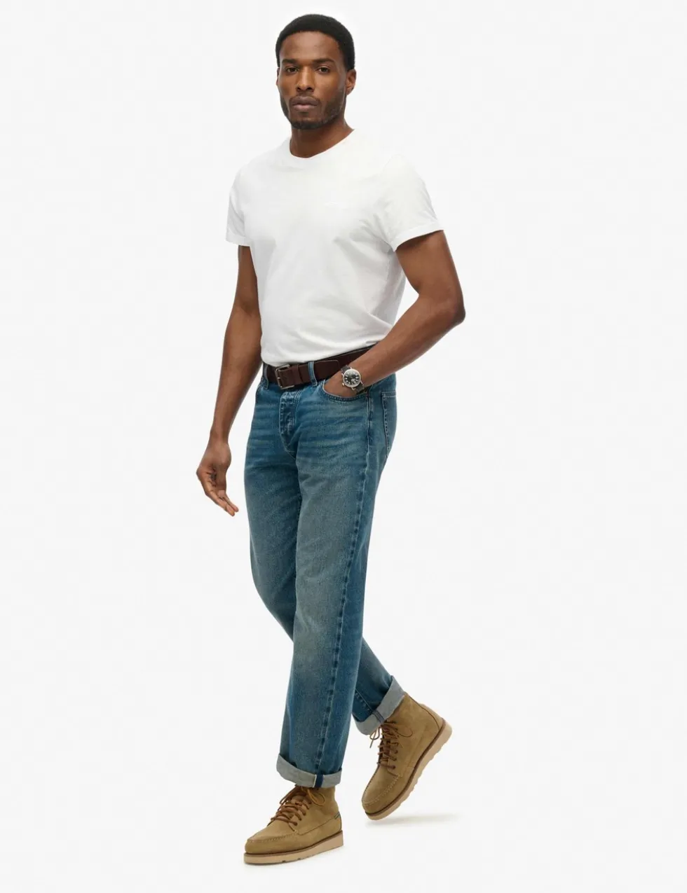 Straight Fit Turn-Up Rigid Denim Jeans