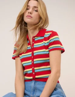 Striped Collared Button Through Knitted Top