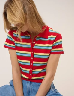 Striped Collared Button Through Knitted Top