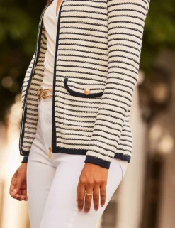 Striped Crew Neck Zip Through Cardigan